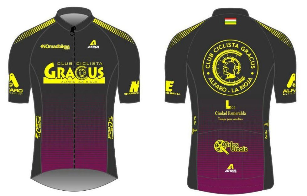 Maillot del Club Ciclista Gracus: negro con degradado morado y logos en amarillo flúor
